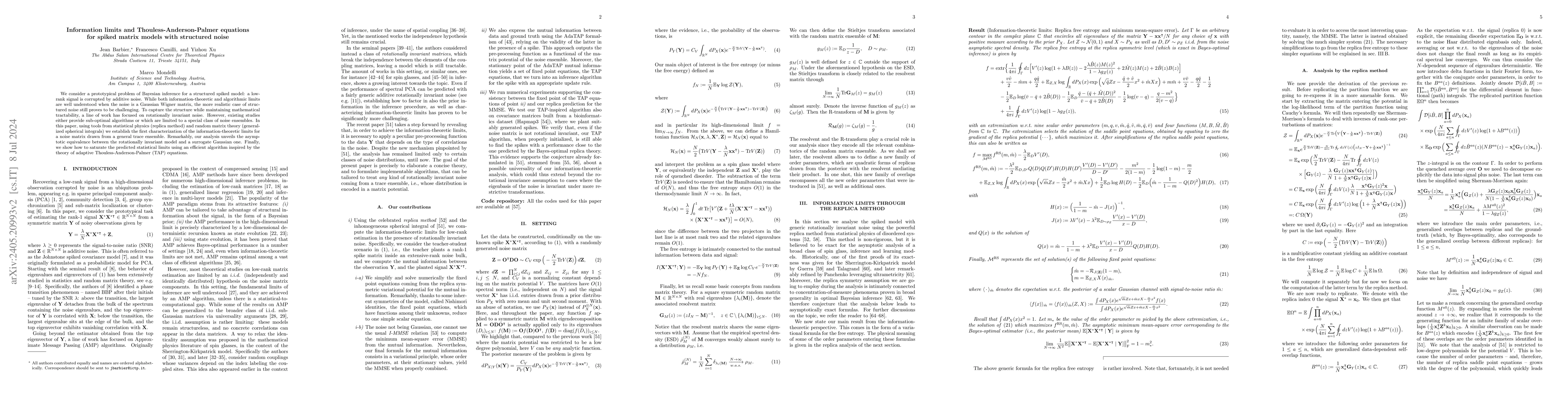 Thumbnail for Information limits and Thouless-Anderson-Palmer equations for spiked
  matrix models with structured noise