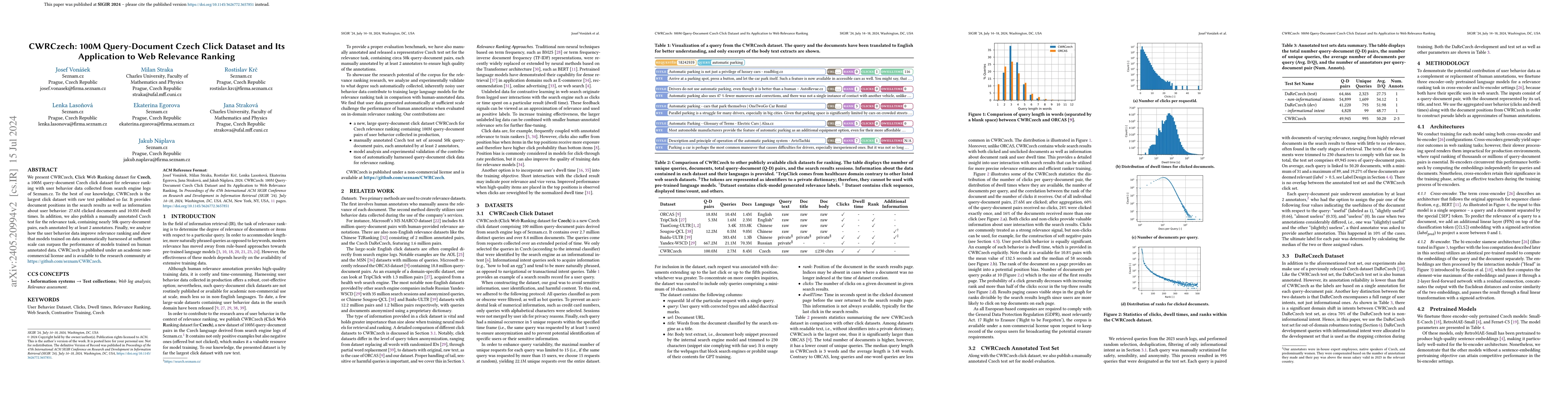 Thumbnail for CWRCzech: 100M Query-Document Czech Click Dataset and Its Application to
  Web Relevance Ranking