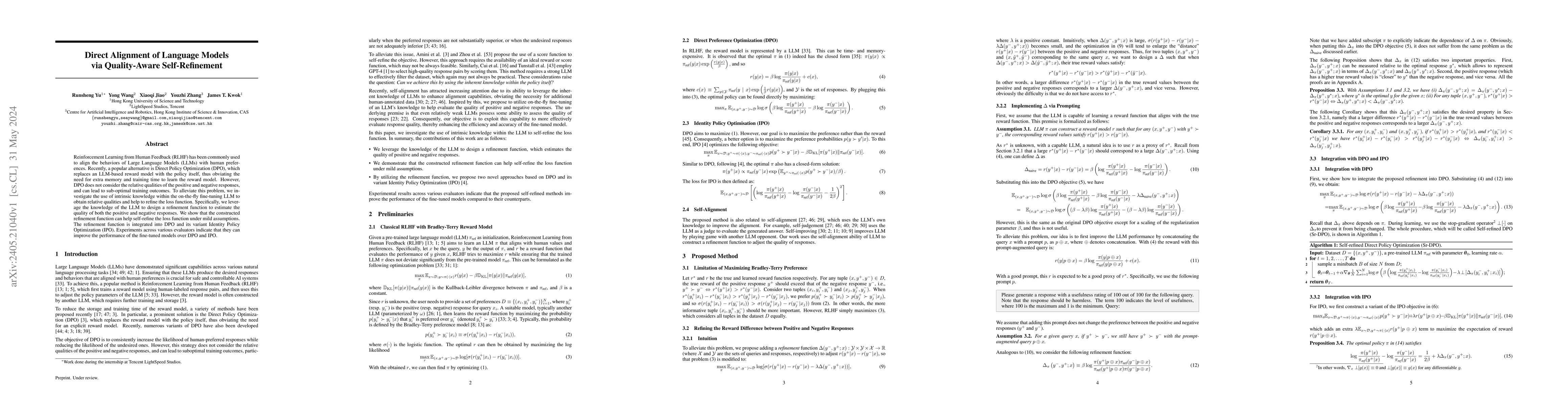 Thumbnail for Direct Alignment of Language Models via Quality-Aware Self-Refinement