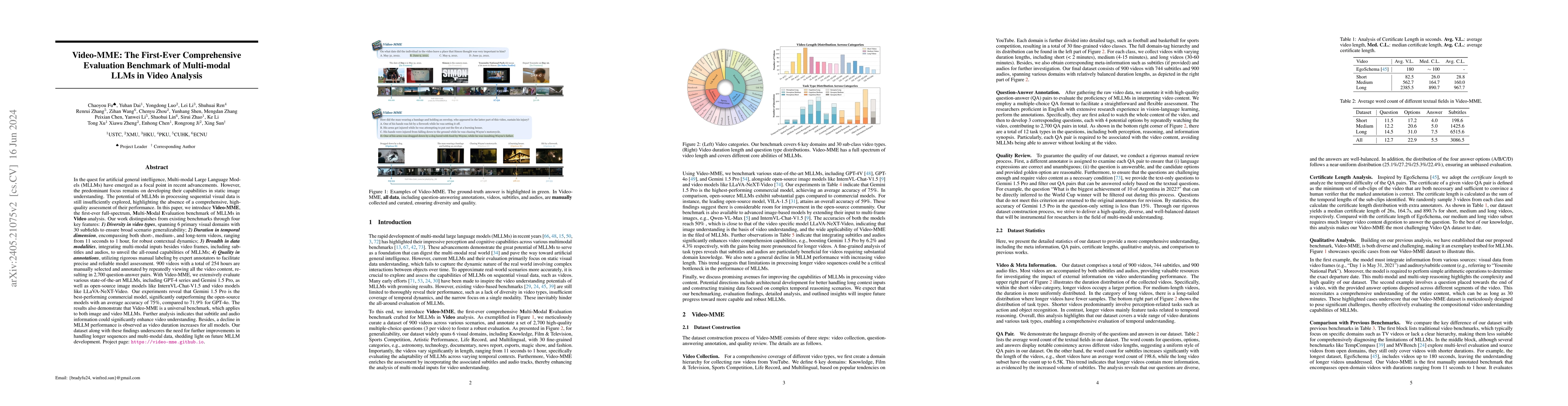 Thumbnail for Video-MME: The First-Ever Comprehensive Evaluation Benchmark of
  Multi-modal LLMs in Video Analysis