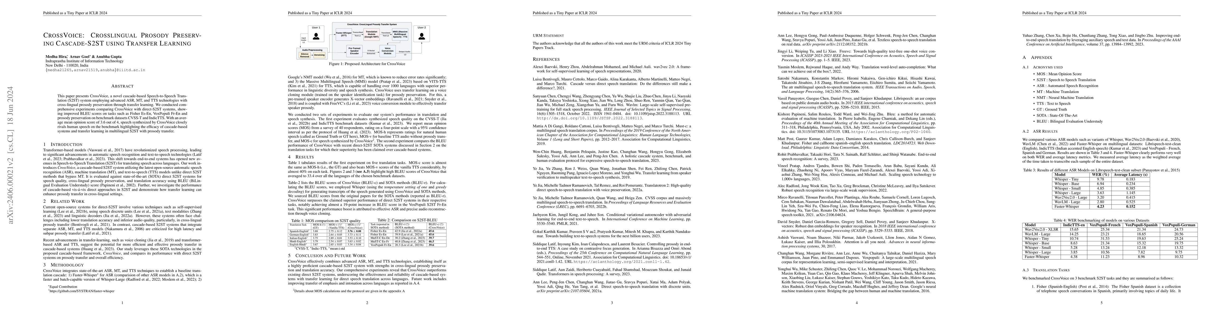 Thumbnail for CrossVoice: Crosslingual Prosody Preserving Cascade-S2ST using Transfer
  Learning