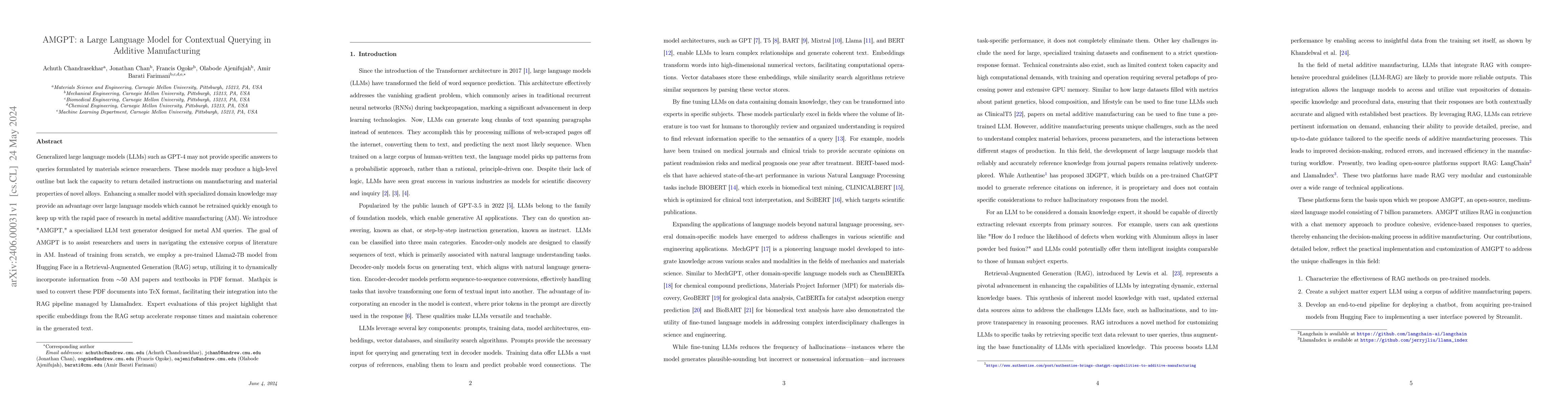 Thumbnail for AMGPT: a Large Language Model for Contextual Querying in Additive
  Manufacturing