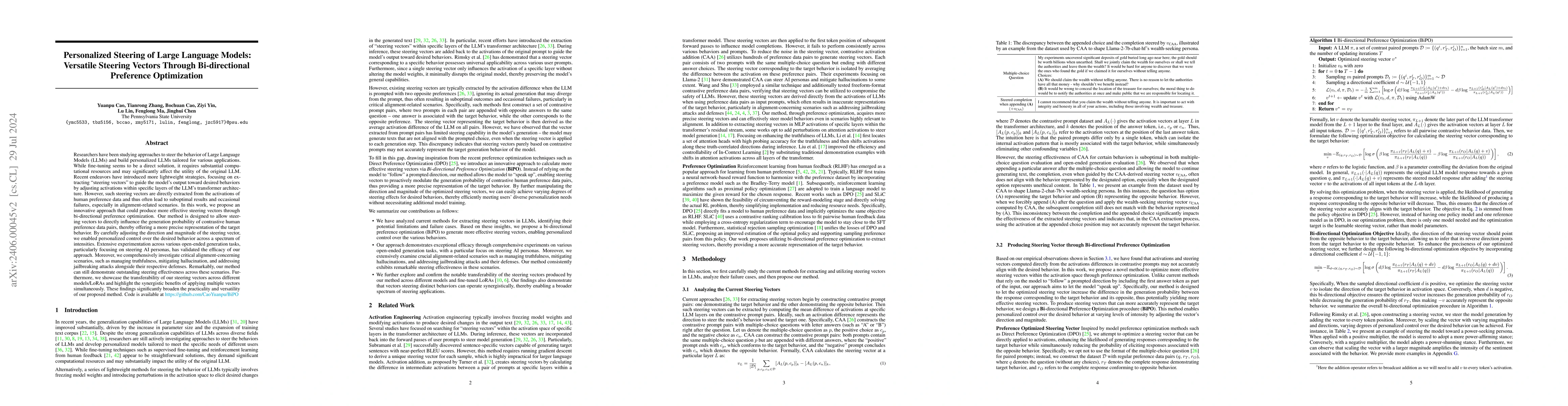 Thumbnail for Personalized Steering of Large Language Models: Versatile Steering
  Vectors Through Bi-directional Preference Optimization