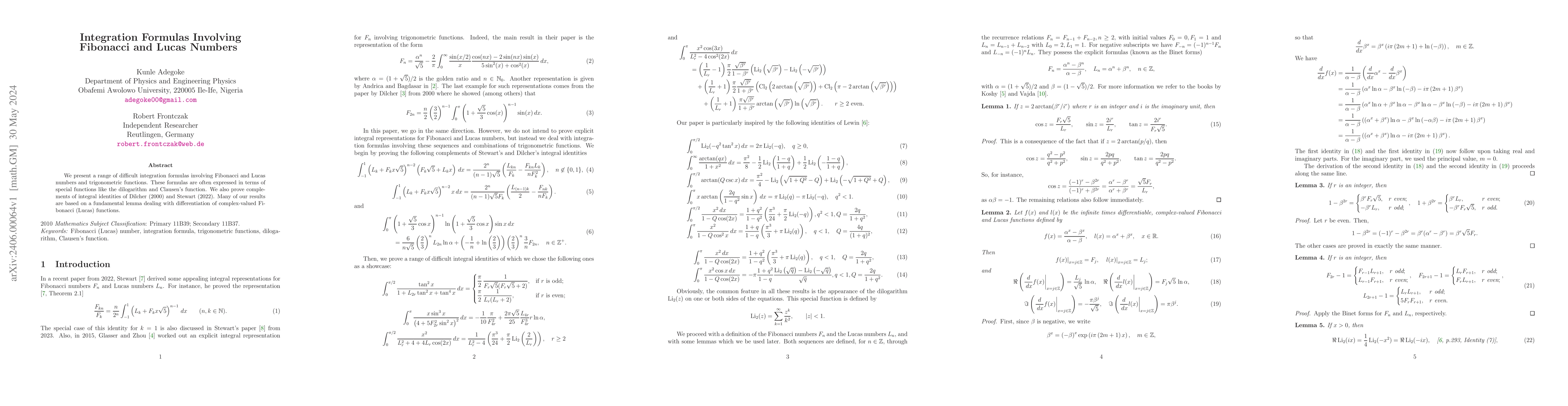 Thumbnail for Integration Formulas Involving Fibonacci and Lucas Numbers