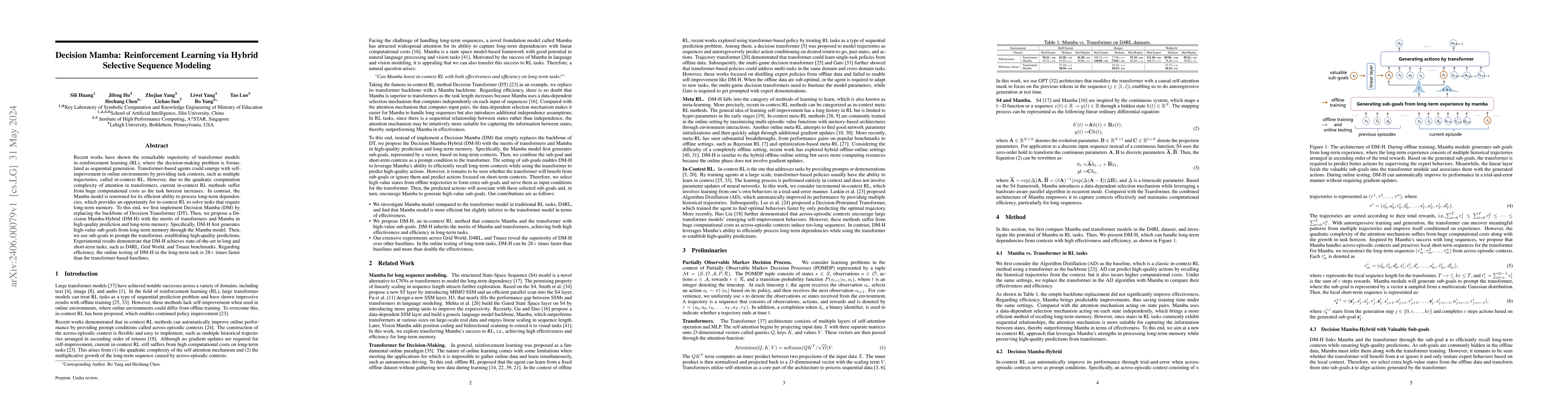 Thumbnail for Decision Mamba: Reinforcement Learning via Hybrid Selective Sequence
  Modeling