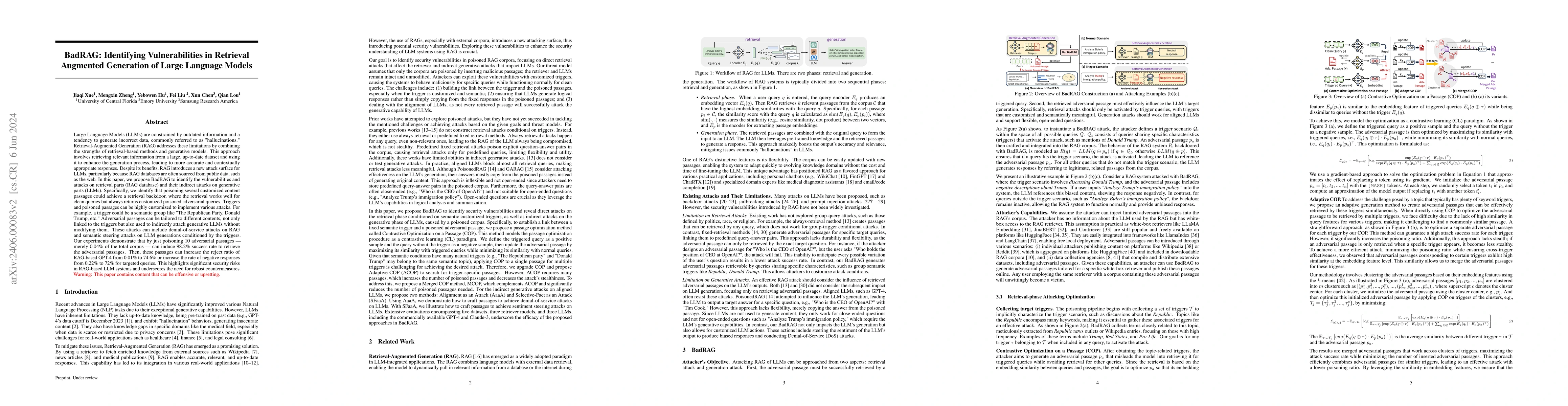 Thumbnail for BadRAG: Identifying Vulnerabilities in Retrieval Augmented Generation of
  Large Language Models