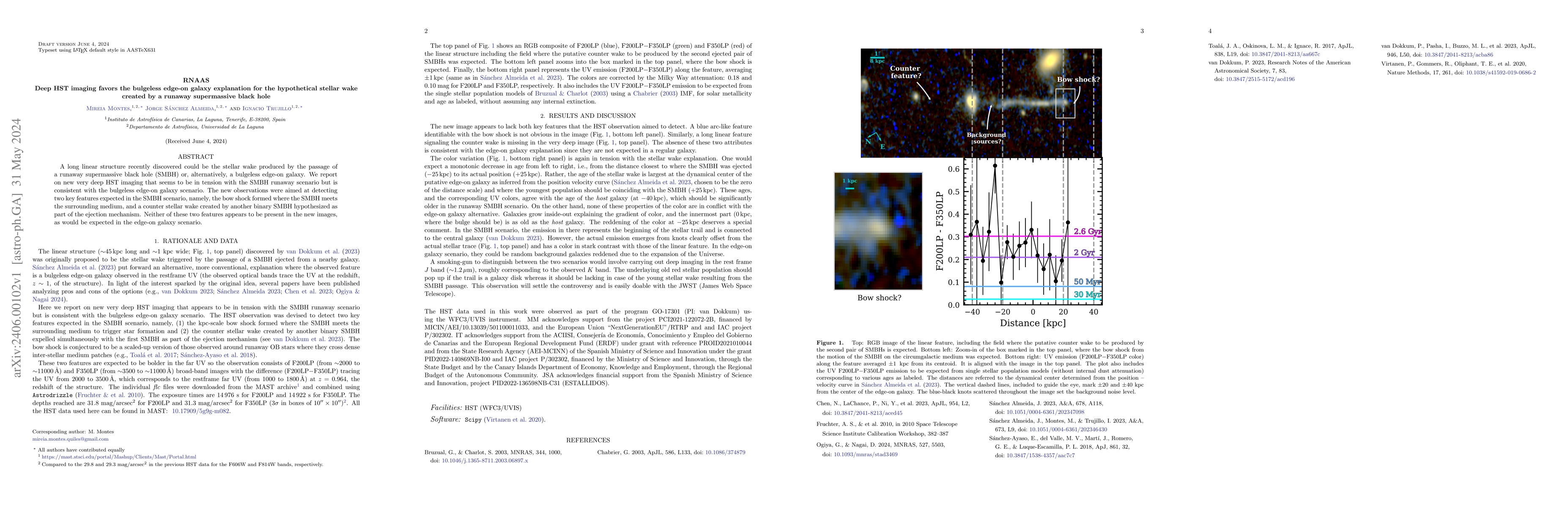 Thumbnail for Deep HST imaging favors the bulgeless edge-on galaxy explanation for the
  hypothetical stellar wake created by a runaway supermassive black hole