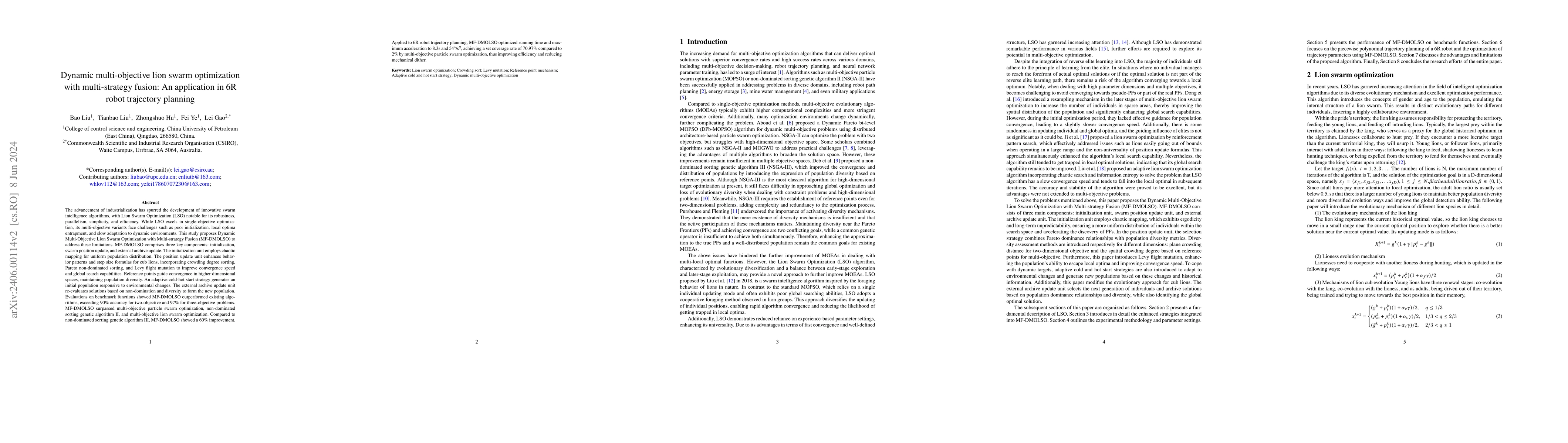 Thumbnail for Dynamic Multi-Objective Lion Swarm Optimization with Multi-strategy
  Fusion: An application in 6R robot trajectory planning