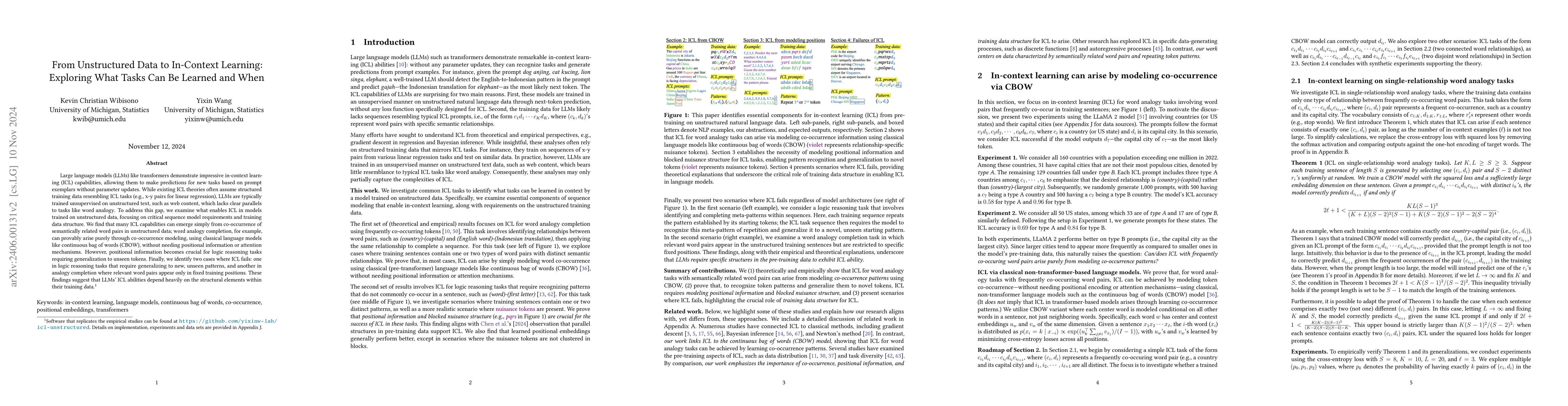 Thumbnail for How In-Context Learning Emerges from Training on Unstructured Data: On
  the Role of Co-Occurrence, Positional Information, and Noise Structures