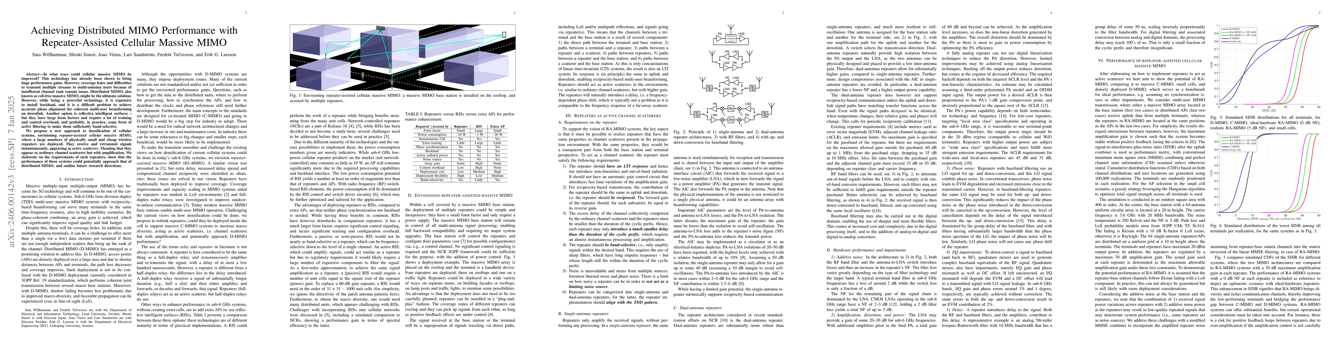 Thumbnail for Achieving Distributed MIMO Performance with Repeater-Assisted Cellular
  Massive MIMO