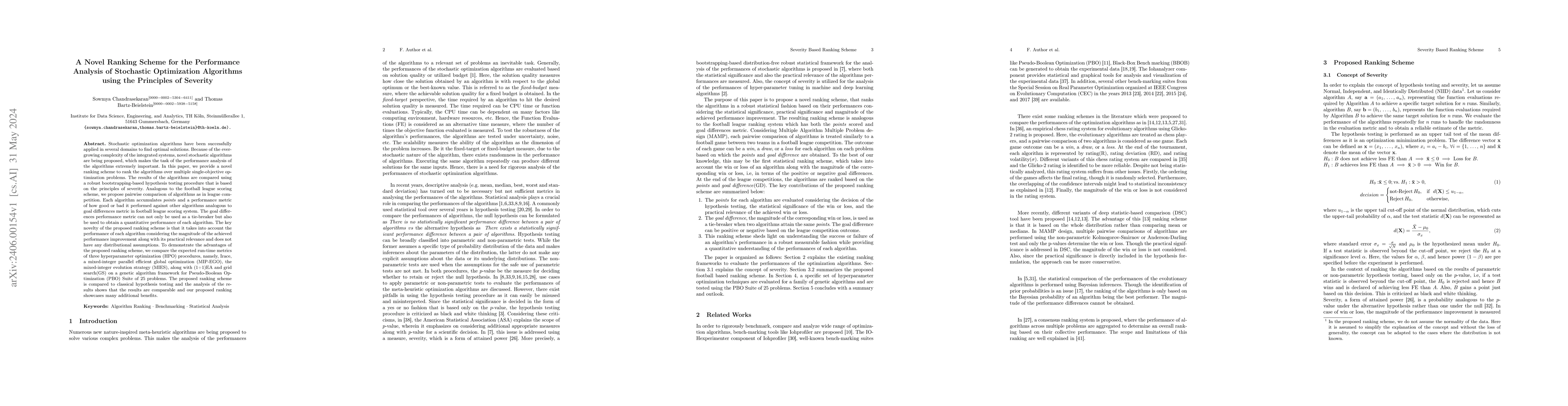Thumbnail for A Novel Ranking Scheme for the Performance Analysis of Stochastic
  Optimization Algorithms using the Principles of Severity