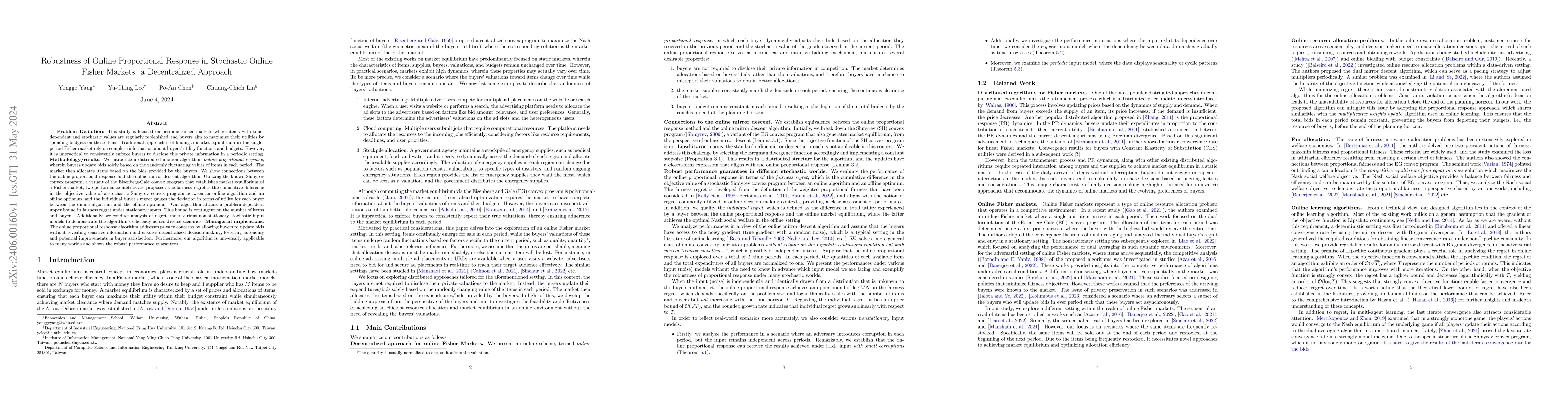 Thumbnail for Robustness of Online Proportional Response in Stochastic Online Fisher
  Markets: a Decentralized Approach