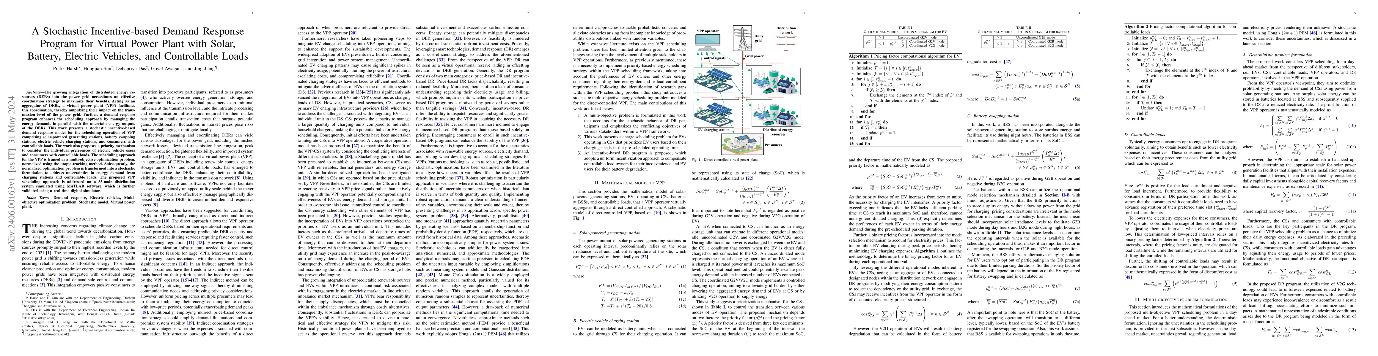 Thumbnail for A Stochastic Incentive-based Demand Response Program for Virtual Power
  Plant with Solar, Battery, Electric Vehicles, and Controllable Loads