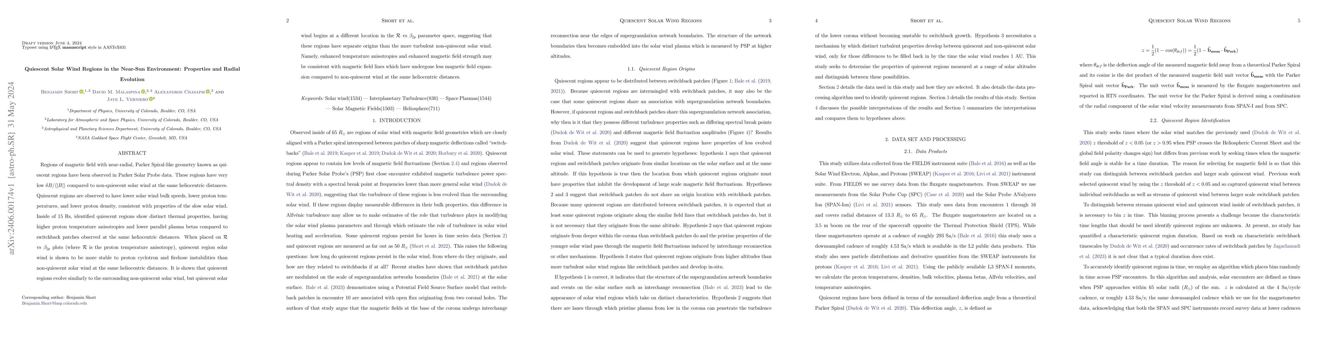 Thumbnail for Quiescent Solar Wind Regions in the Near-Sun Environment: Properties and
  Radial Evolution