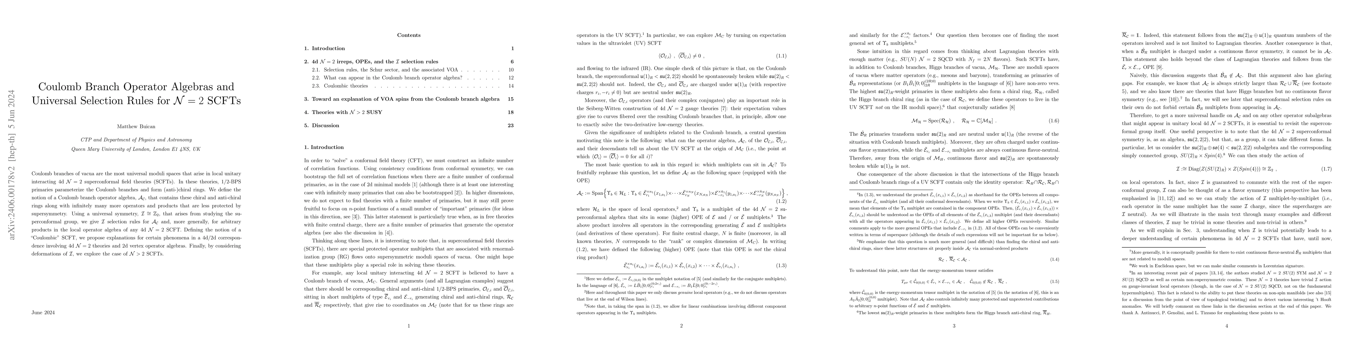 Thumbnail for Coulomb Branch Operator Algebras and Universal Selection Rules for
  $\mathcal{N}=2$ SCFTs