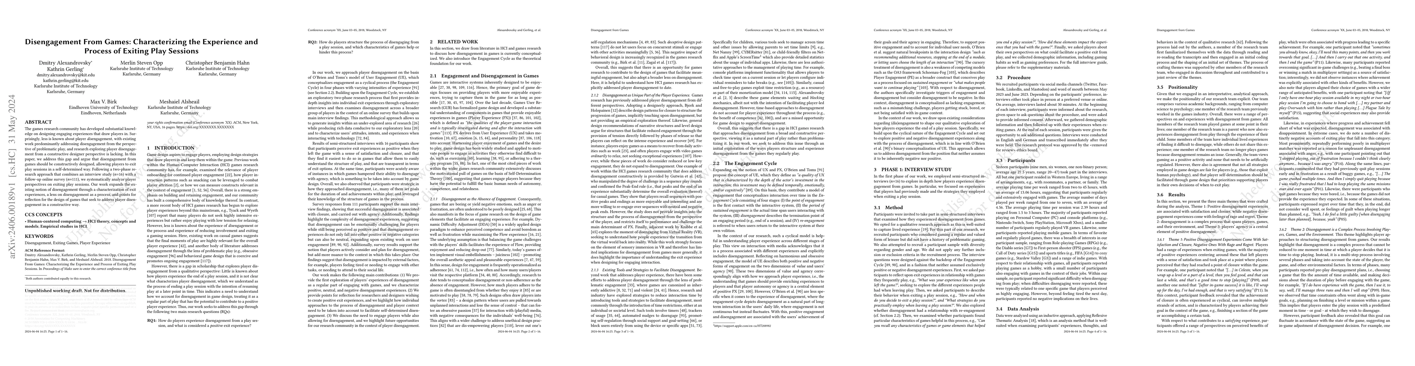 Thumbnail for Disengagement From Games: Characterizing the Experience and Process of
  Exiting Play Sessions