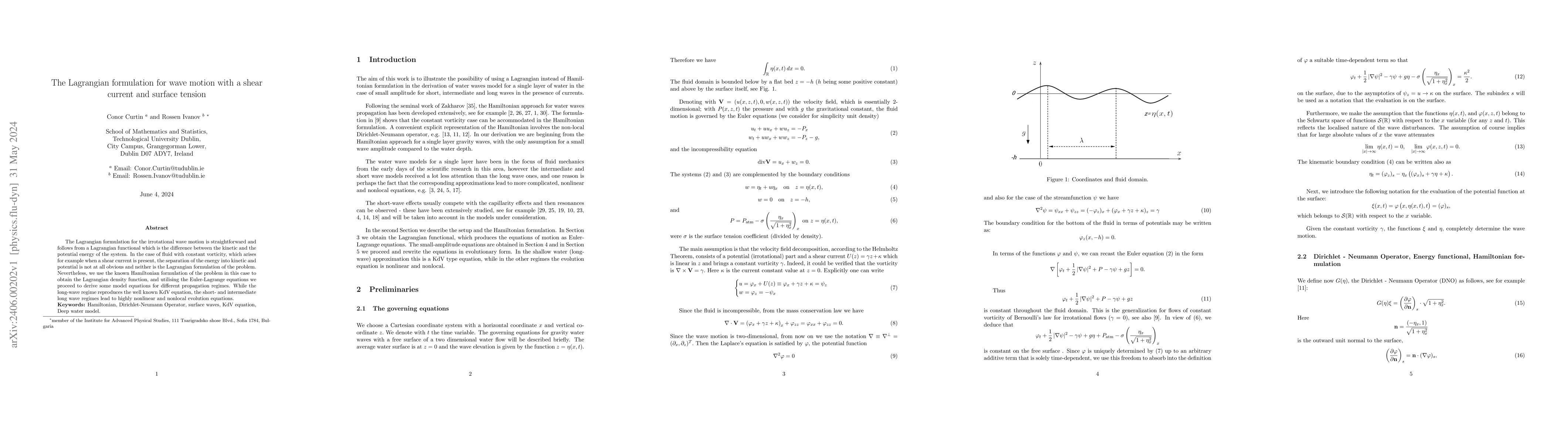Thumbnail for The Lagrangian formulation for wave motion with a shear current and
  surface tension