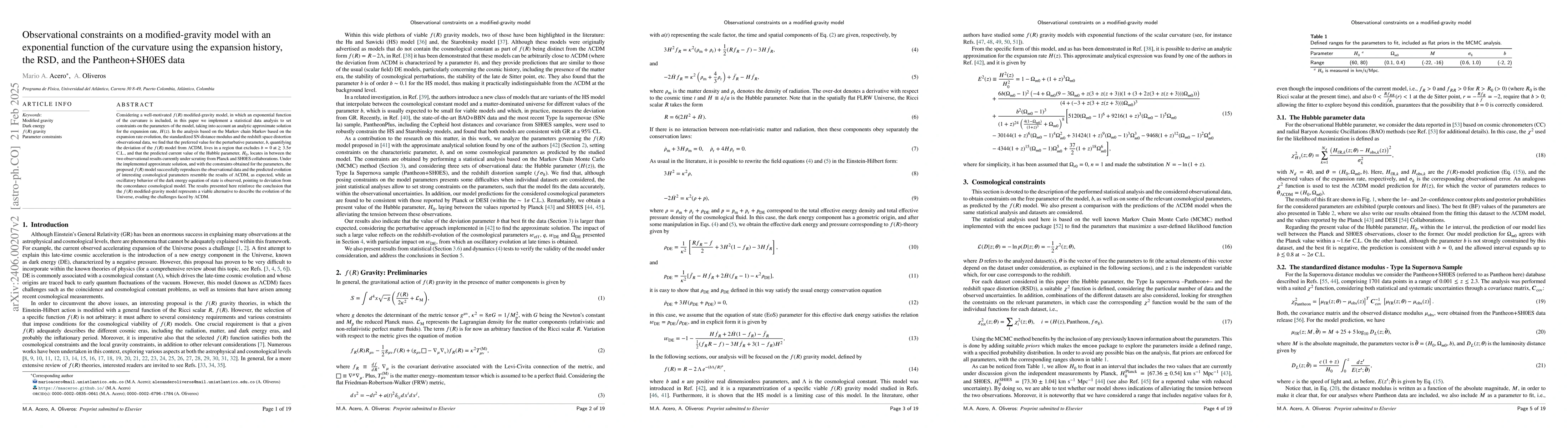 Thumbnail for Observational constraints on a modified-gravity model with an
  exponential function of the curvature using the expansion history, the RSD,
  and the Pantheon$+$SH0ES data