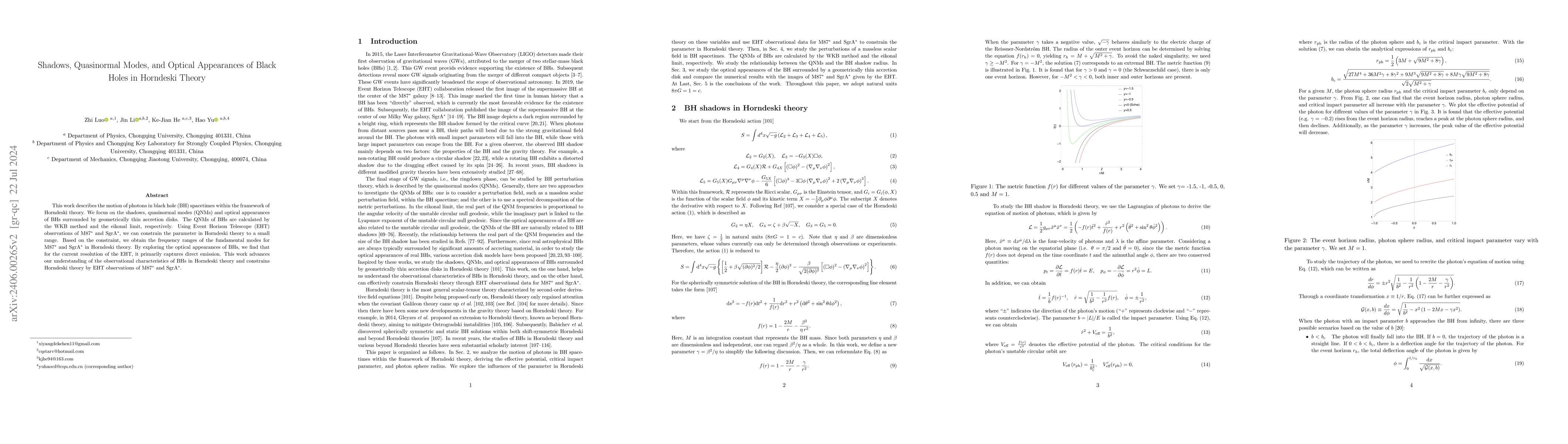 Thumbnail for Shadows, Quasinormal Modes, and Optical Appearances of Black Holes in
  Horndeski Theory