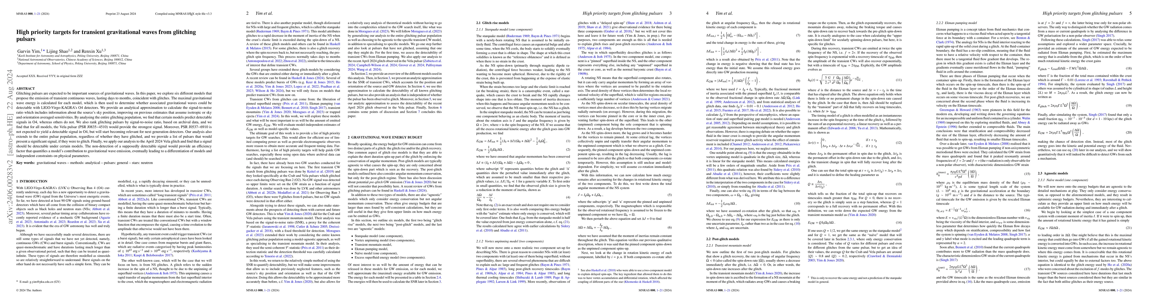 Thumbnail for High priority targets for transient gravitational waves from glitching
  pulsars
