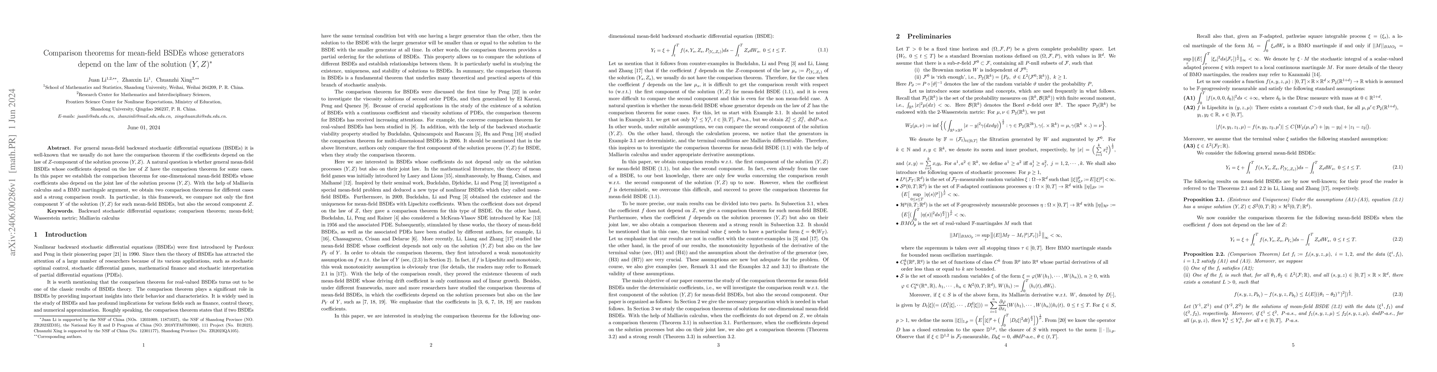 Thumbnail for Comparison theorems for mean-field BSDEs whose generators depend on the
  law of the solution $(Y,Z)$