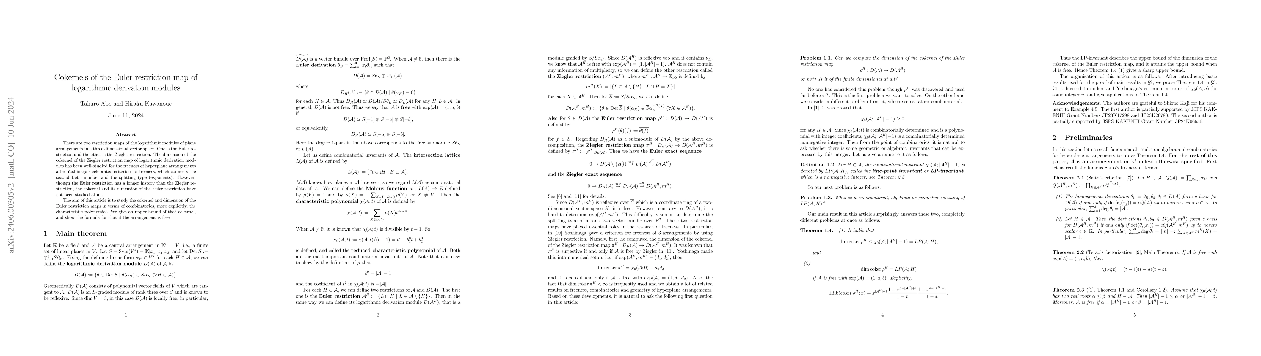 Thumbnail for Cokernels of the Euler restriction map of logarithmic derivation modules