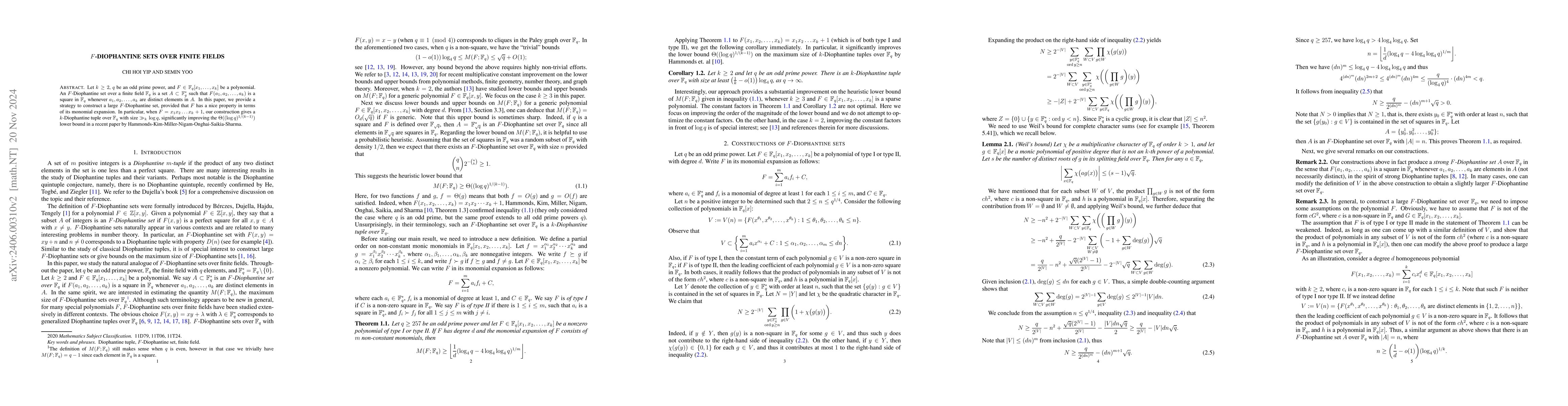Thumbnail for $F$-Diophantine sets over finite fields