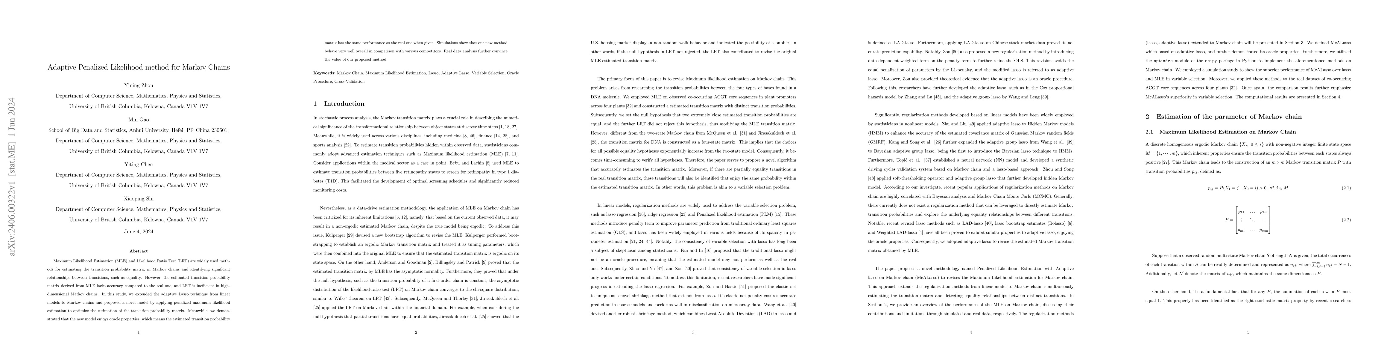 Thumbnail for Adaptive Penalized Likelihood method for Markov Chains