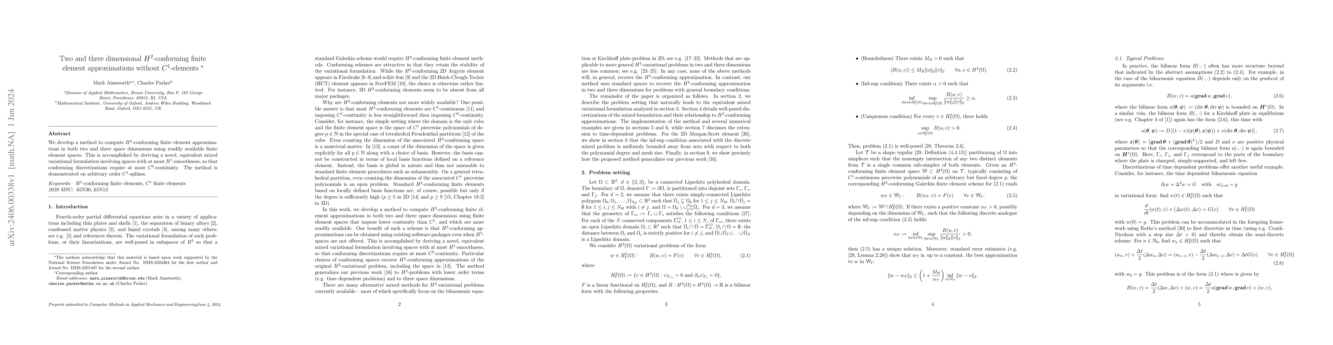 Thumbnail for Two and three dimensional $H^2$-conforming finite element approximations
  without $C^1$-elements