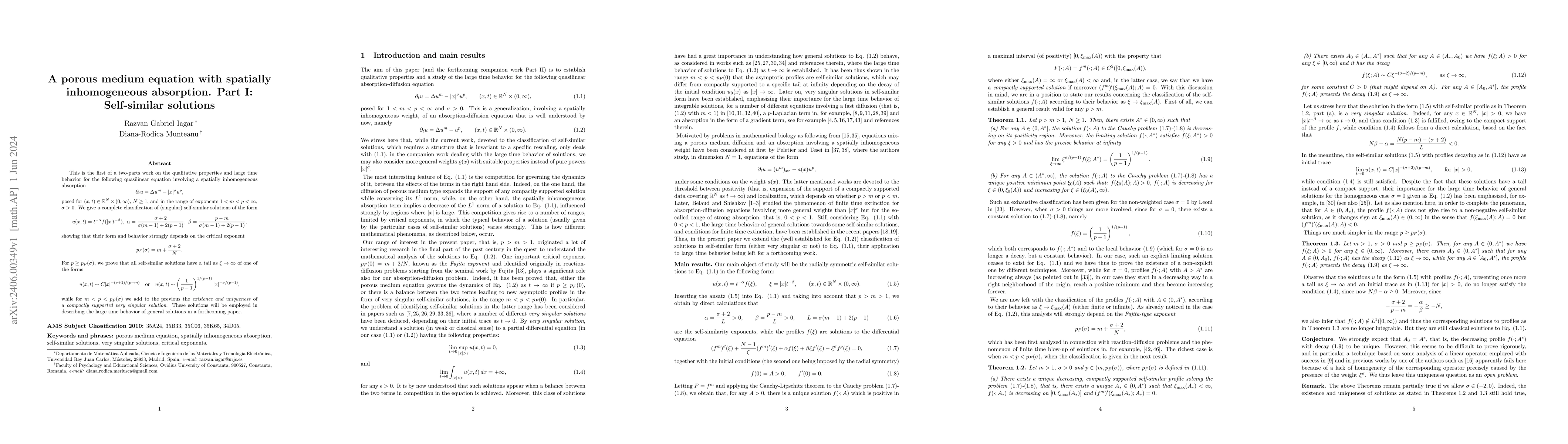 Thumbnail for A porous medium equation with spatially inhomogeneous absorption. Part
  I: Self-similar solutions
