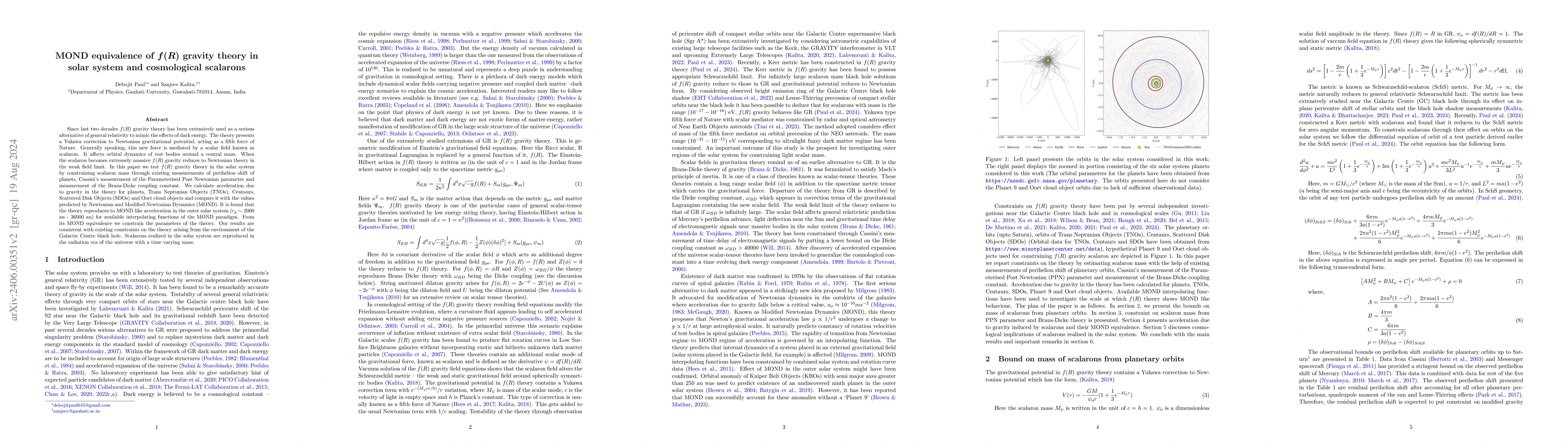 Thumbnail for Solar system consistency of $f(R)$ gravity theory and its MOND
  equivalence