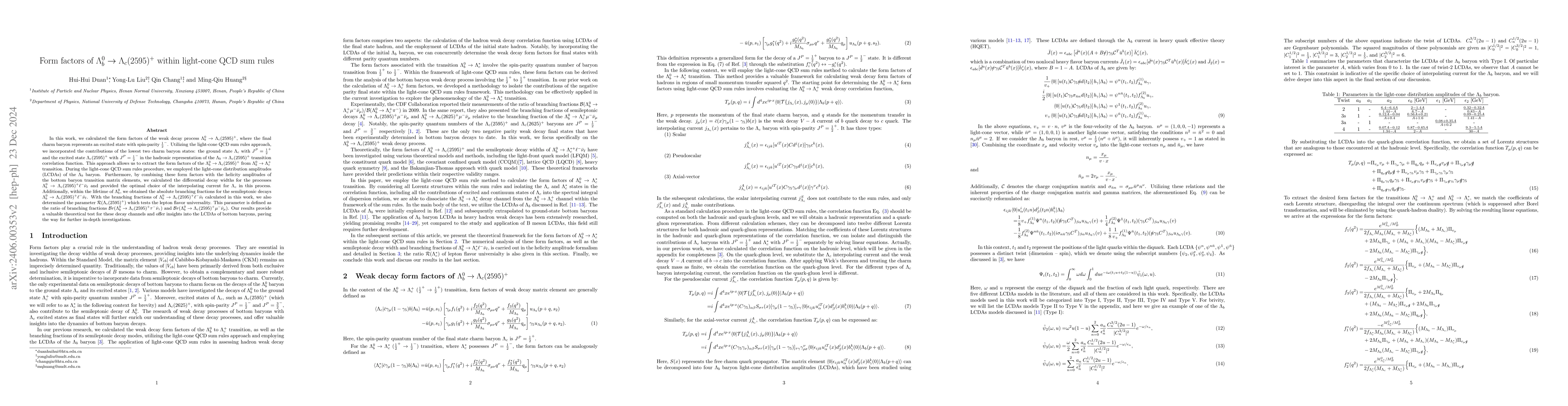 Thumbnail for Form factors of $\Lambda_b^0 \to \Lambda_c(2595)^+$ within light-cone
  QCD sum rules