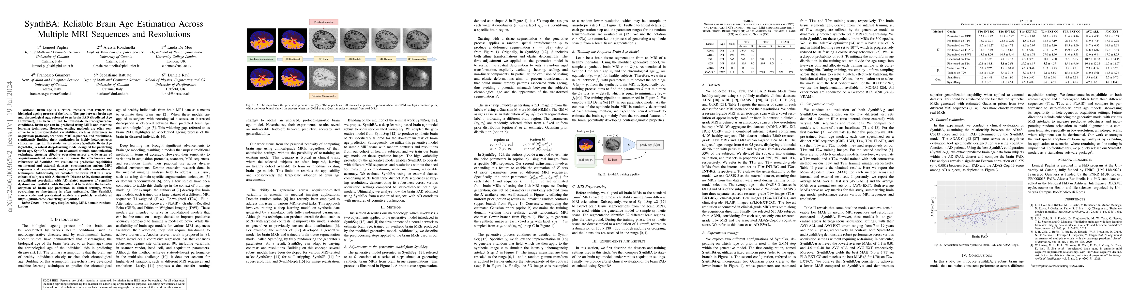 Thumbnail for SynthBA: Reliable Brain Age Estimation Across Multiple MRI Sequences and
  Resolutions