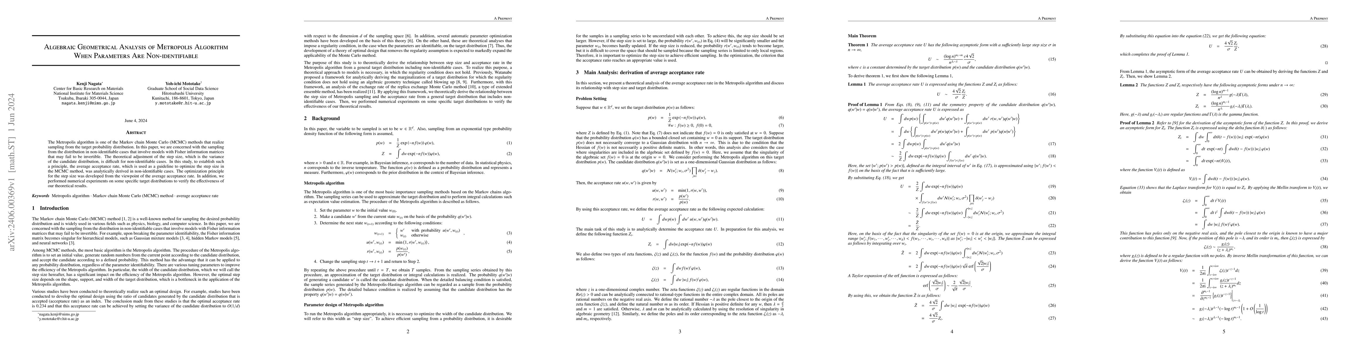 Thumbnail for Algebraic Geometrical Analysis of Metropolis Algorithm When Parameters
  Are Non-identifiable