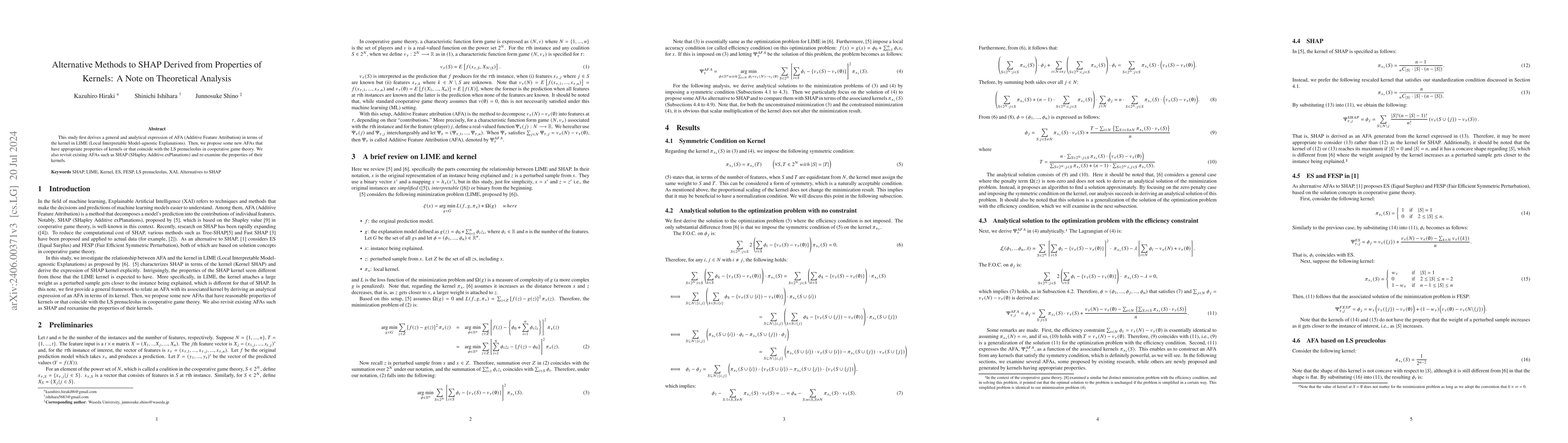 Thumbnail for Alternative Methods to SHAP Derived from Properties of Kernels: A Note
  on Theoretical Analysis