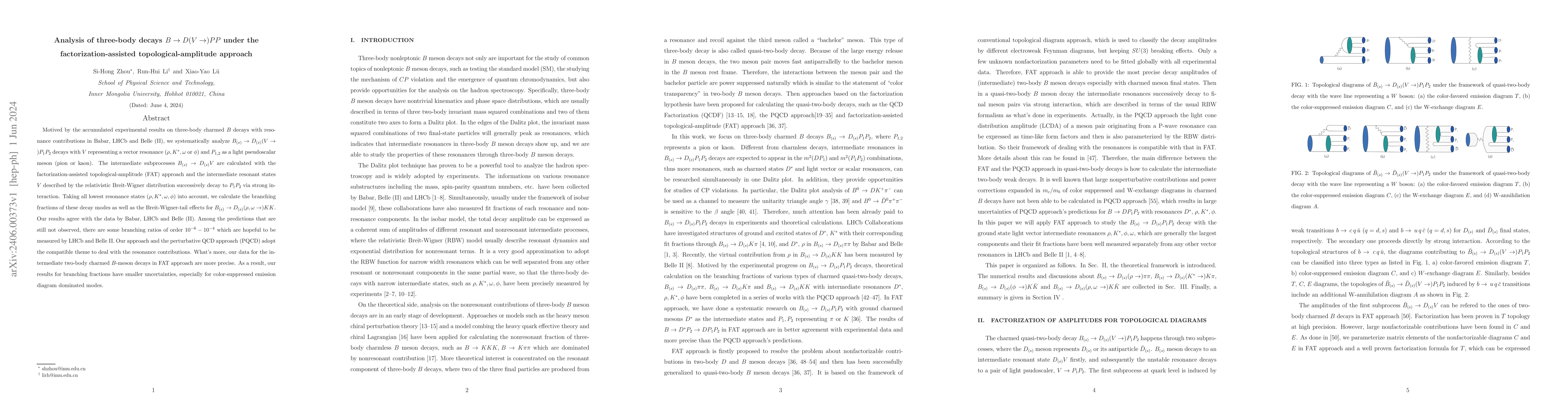 Thumbnail for Analysis of three-body decays $B \to D (V \to ) PP $ under the
  factorization-assisted topological-amplitude approach