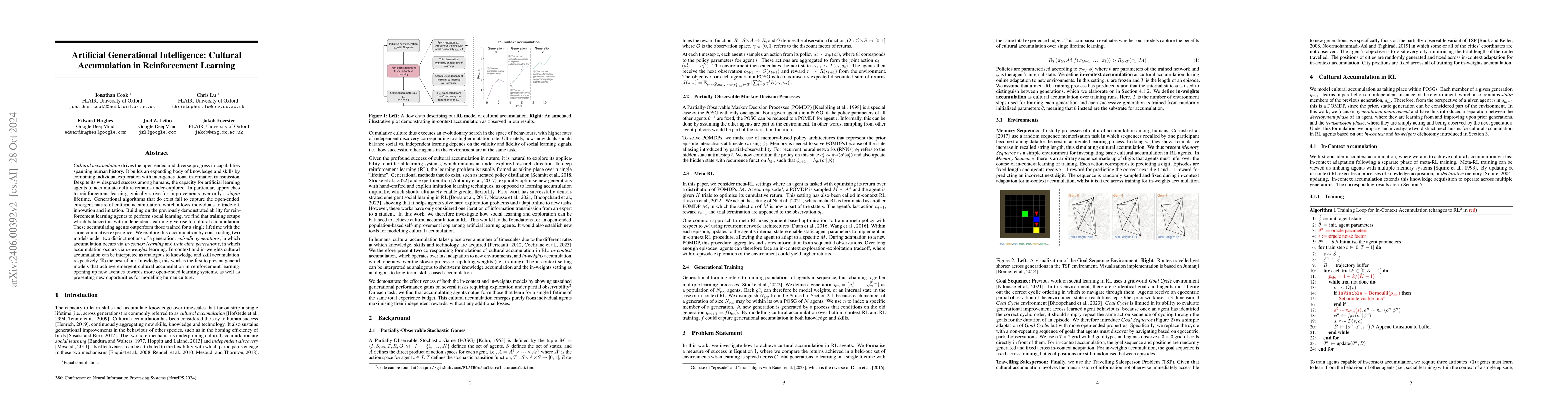 Thumbnail for Artificial Generational Intelligence: Cultural Accumulation in
  Reinforcement Learning