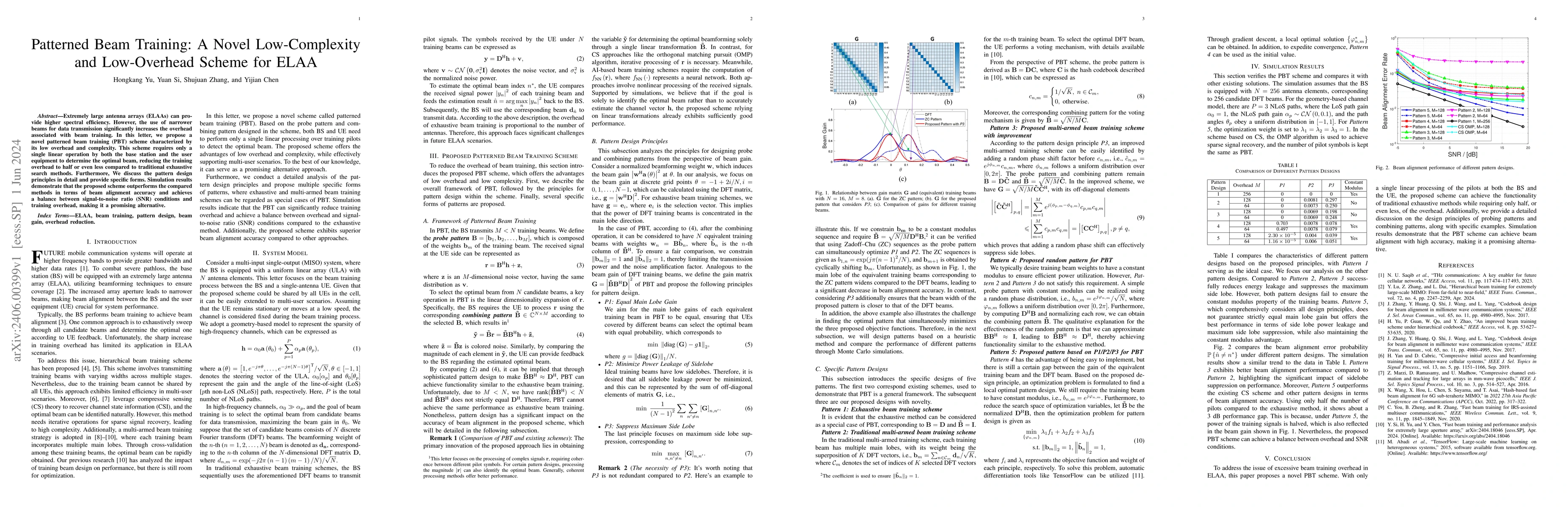 Thumbnail for Patterned Beam Training: A Novel Low-Complexity and Low-Overhead Scheme
  for ELAA