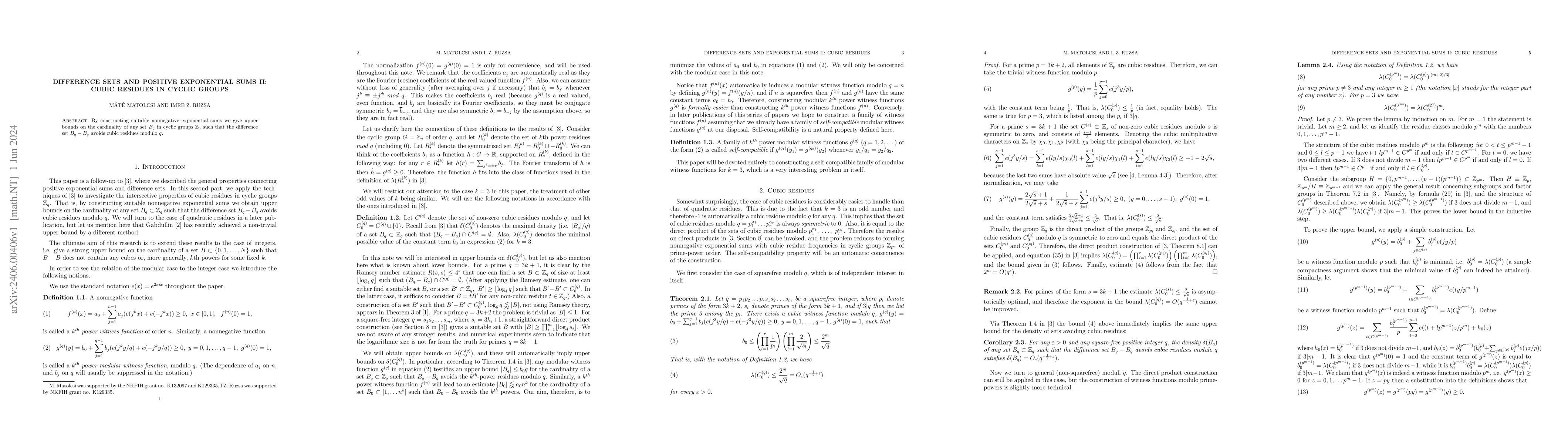 Thumbnail for Difference sets and positive exponential sums II: cubic residues in
  cyclic groups