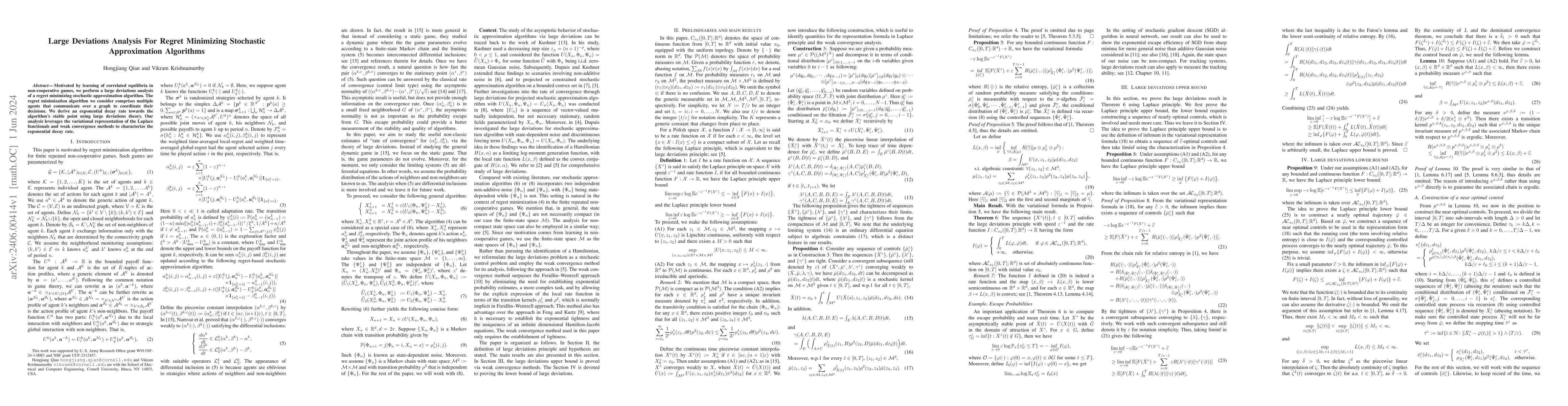 Thumbnail for Large Deviations Analysis For Regret Minimizing Stochastic Approximation
  Algorithms