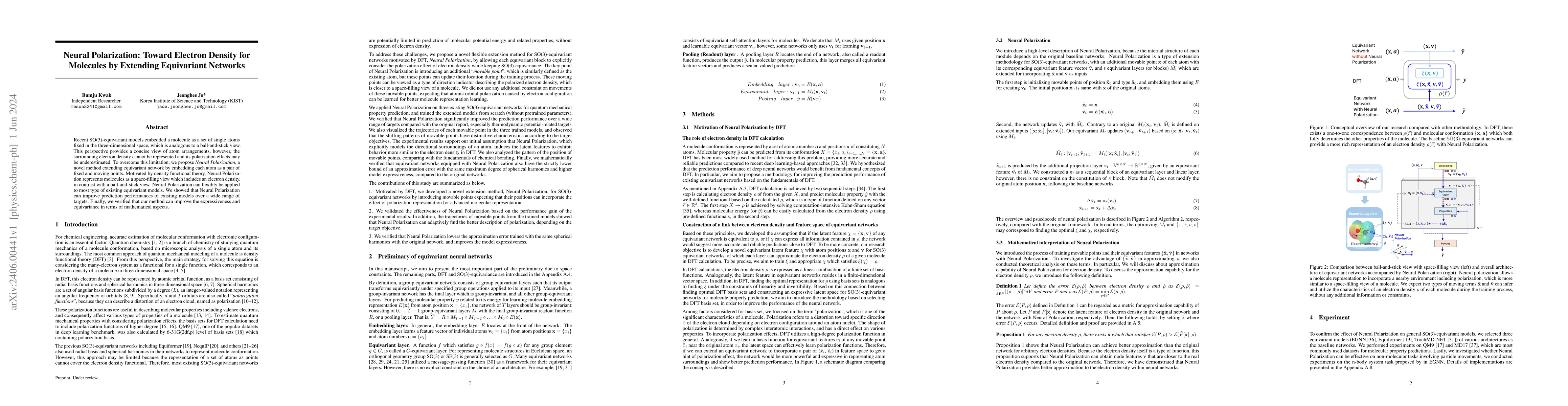 Thumbnail for Neural Polarization: Toward Electron Density for Molecules by Extending
  Equivariant Networks