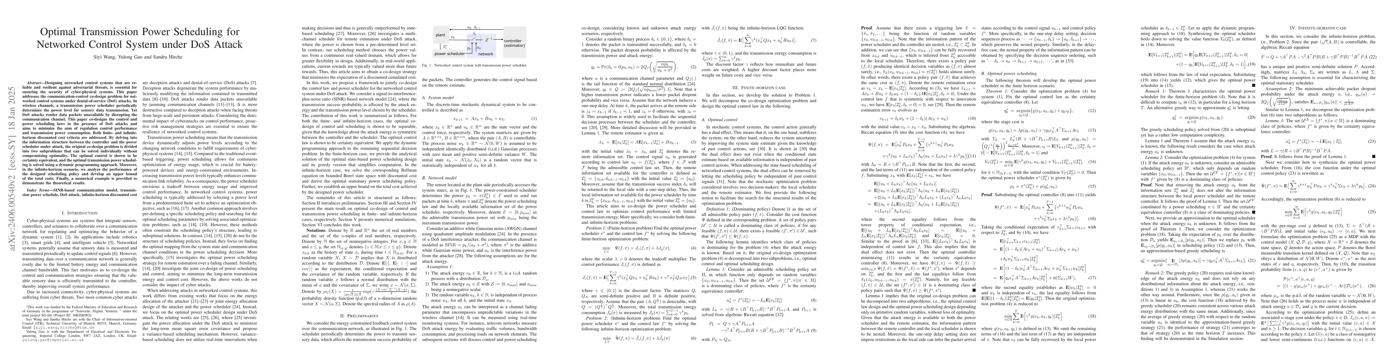Thumbnail for Optimal Transmission Power Scheduling for Networked Control System under
  DoS Attack