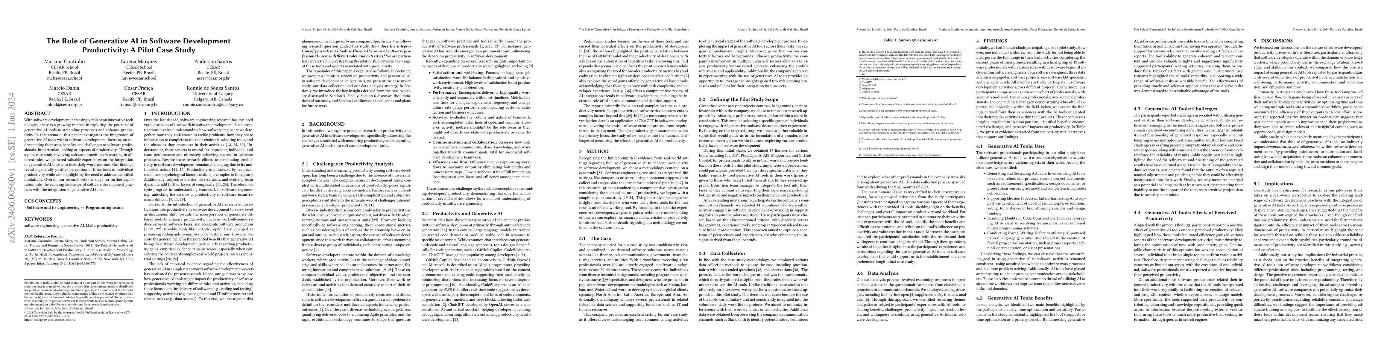 Thumbnail for The Role of Generative AI in Software Development Productivity: A Pilot
  Case Study