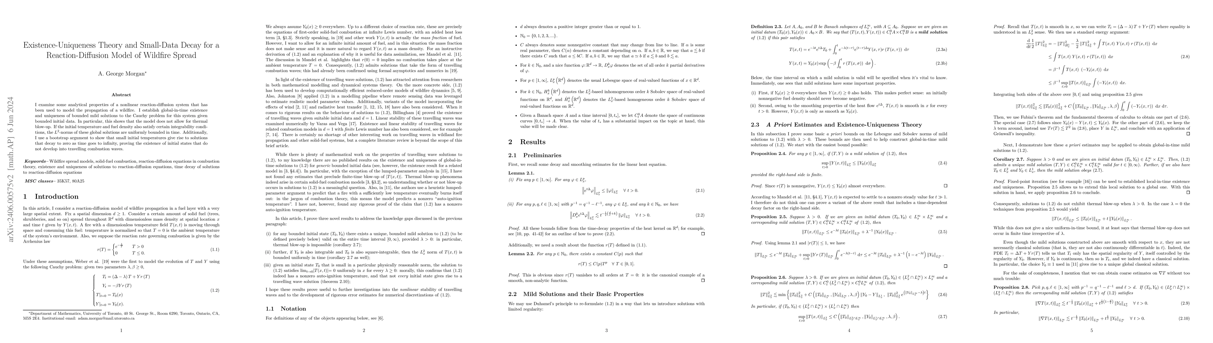 Thumbnail for Existence-Uniqueness Theory and Small-Data Decay for a
  Reaction-Diffusion Model of Wildfire Spread