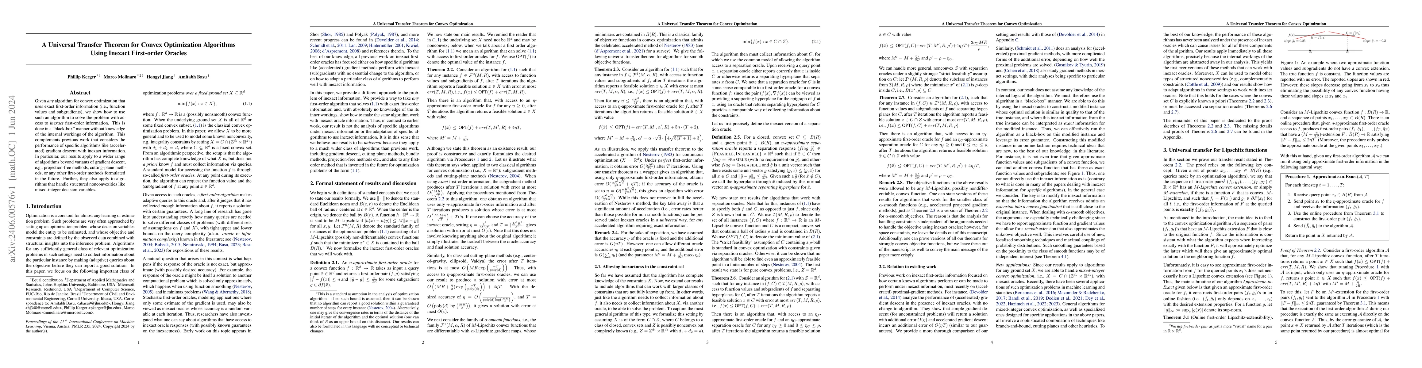 Thumbnail for A Universal Transfer Theorem for Convex Optimization Algorithms Using
  Inexact First-order Oracles