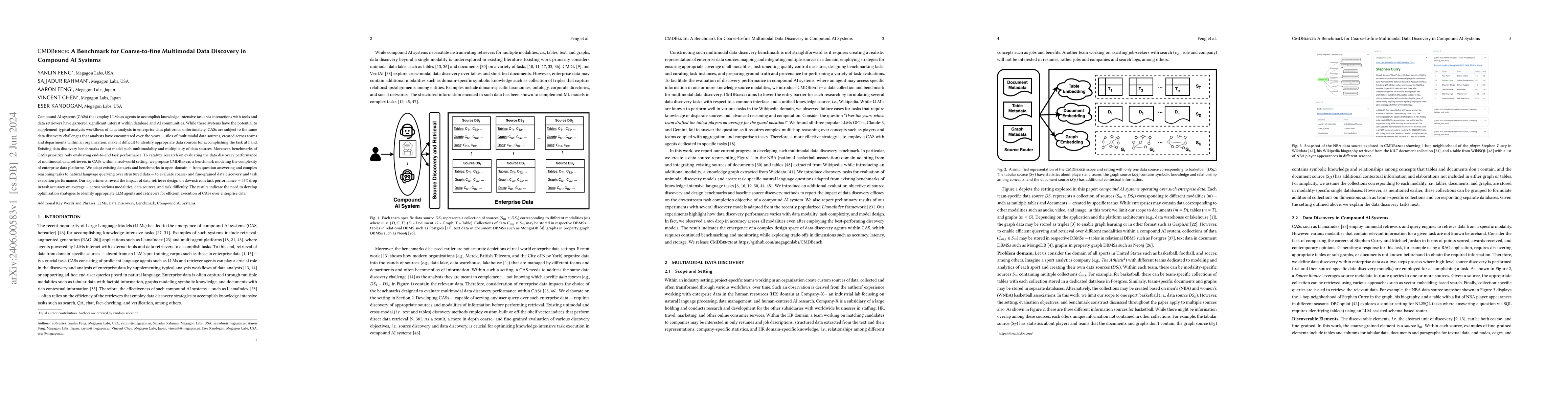 Thumbnail for CMDBench: A Benchmark for Coarse-to-fine Multimodal Data Discovery in
  Compound AI Systems