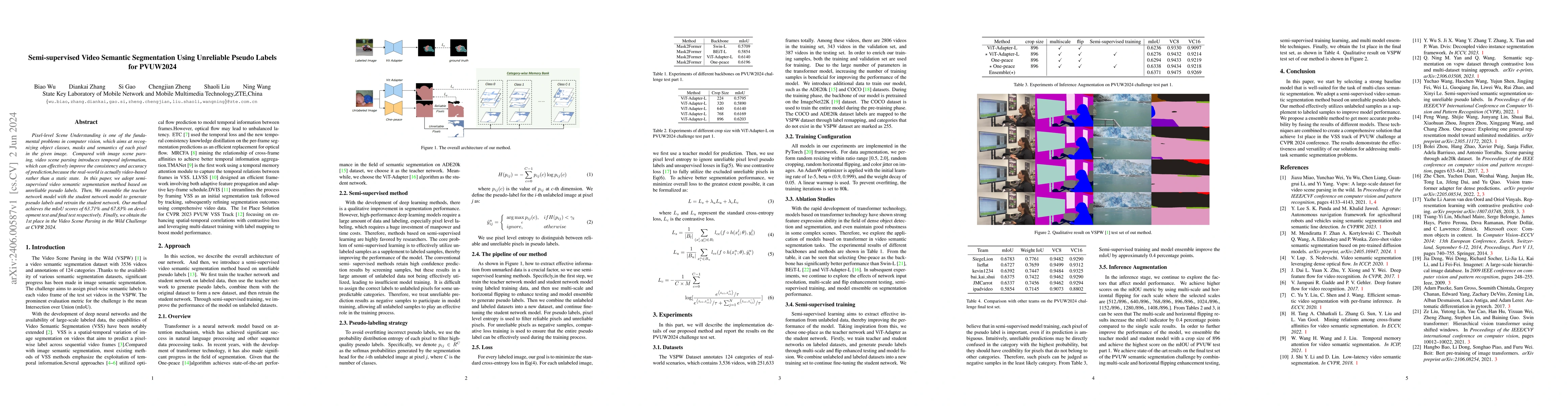 Thumbnail for Semi-supervised Video Semantic Segmentation Using Unreliable Pseudo
  Labels for PVUW2024