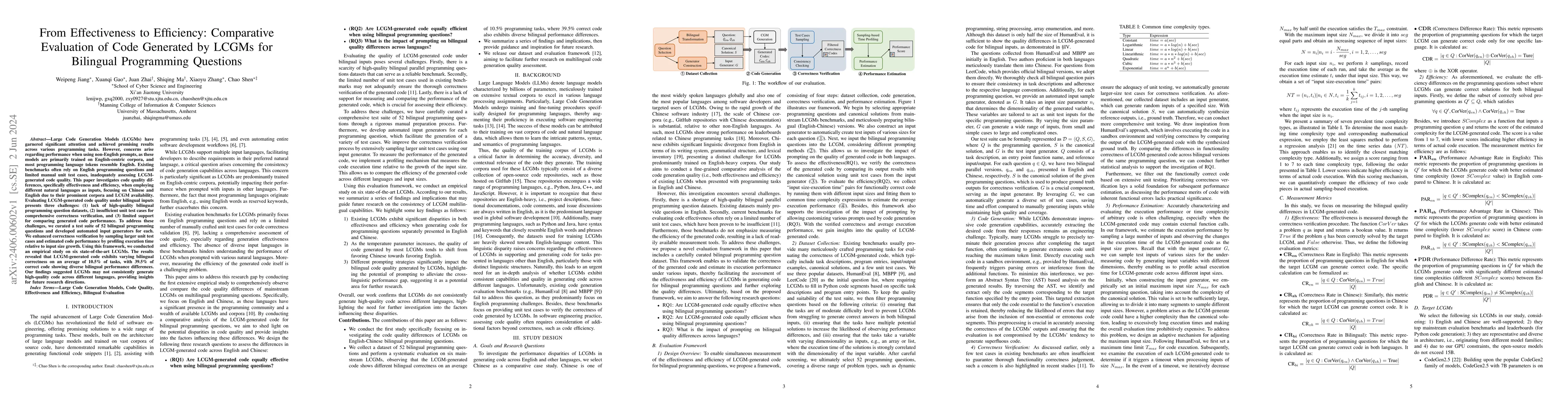 Thumbnail for From Effectiveness to Efficiency: Comparative Evaluation of Code
  Generated by LCGMs for Bilingual Programming Questions