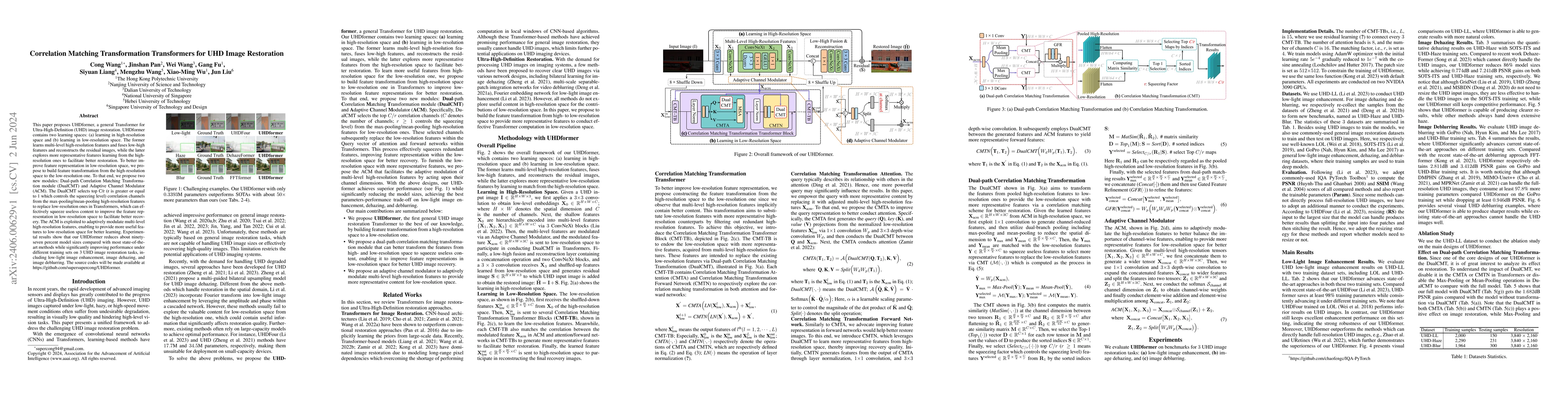 Thumbnail for Correlation Matching Transformation Transformers for UHD Image
  Restoration