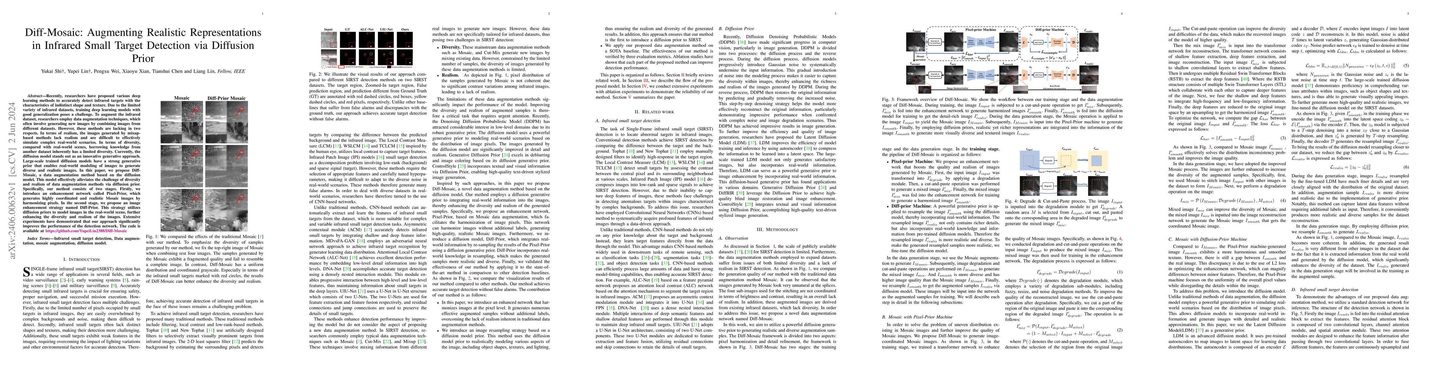 Thumbnail for Diff-Mosaic: Augmenting Realistic Representations in Infrared Small
  Target Detection via Diffusion Prior
